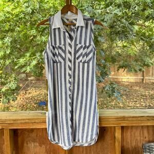 Sleeveless Striped Mini Shirt Dress - White & Navy